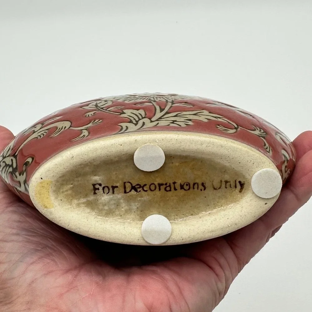 Vintage Chinoiserie Cizhou Style Red Ceramic Flat Pillow Vase Floral 5.5